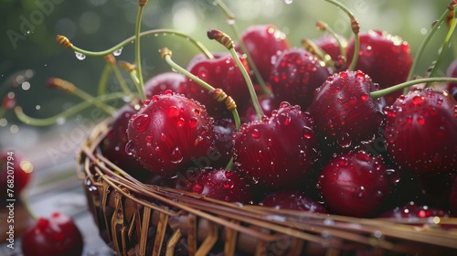 Fresh Dewy Cherries in Basket