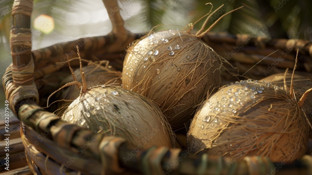 Fresh Coconuts in Basket Under Sunlight