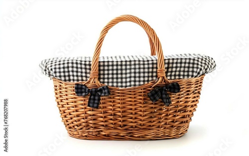 Classic Picnic Basket with Checkered Pattern Isolated on White Background.