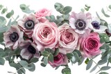 pink roses and anemones as a floral background. a bouquet made up of flowers and leaves of eucalyptus. wedding floristry.