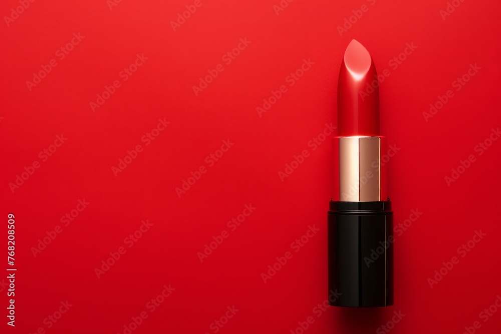 red lipstick on a red background, flat layout, top view. a place for the text. red lipstick on a red background, flat layout, top view. a place for the text.