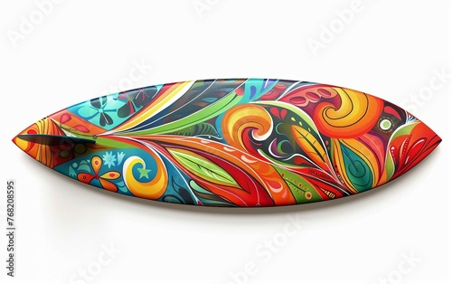 Colorful Patterned Surfboard for Summer Isolated on White Background.