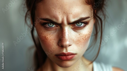 Close-up portrait of a beautiful angry young woman with freckles