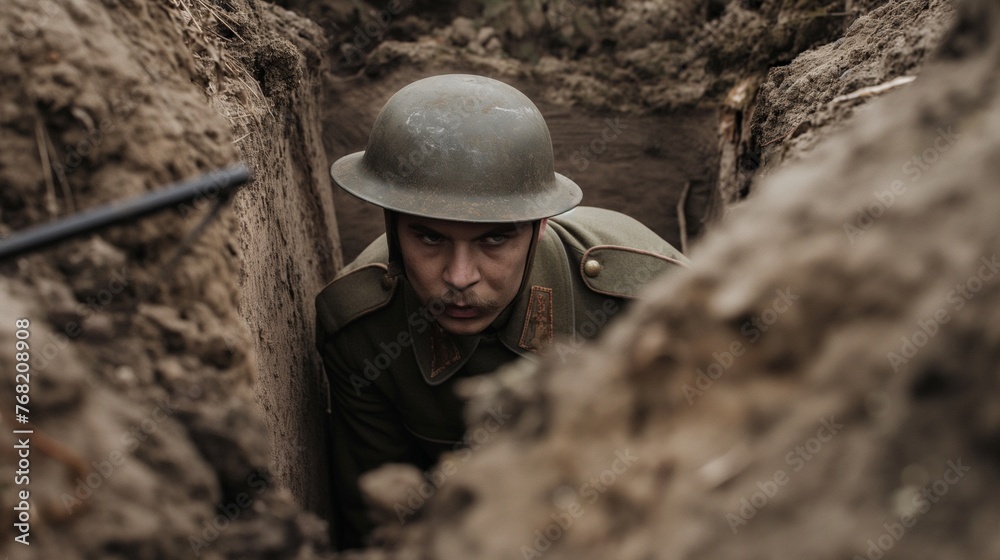 A soldier hiding in a trench. Ukrainian soldier hiding in the ground from invasion. War in Ukraine. Peace concept.