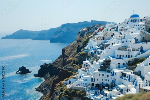 A view of a village perched on a cliff, providing a breathtaking panorama of the vast ocean, A Grecian white and blue cliffside village, AI Generated
