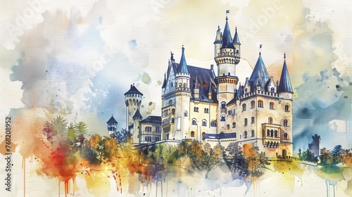 A medieval buildings landscape. A fairy tale castle illustration. A fairy castle. Kid's story. Old buildings illustration.