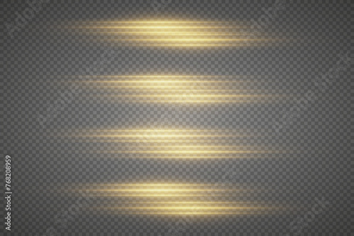 Pack of yellow horizontal highlights. Laser beams, horizontal light lines. Beautiful light flashes. Glowing stripes on a transparent background.
