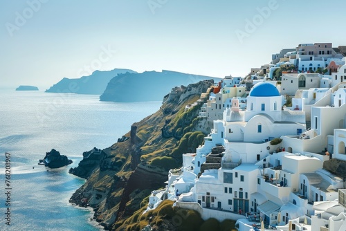 An impressive photograph showcasing a stunning village perched on a cliff, offering breathtaking views of the vast expanse of the ocean, A Grecian white and blue cliffside village, AI Generated