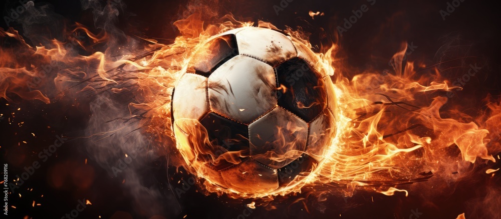 A soccer ball engulfed in flames, burning brightly against a dark black backdrop. The fiery ball is the focal point of the intense image, symbolizing energy and power. - obrazy, fototapety, plakaty 