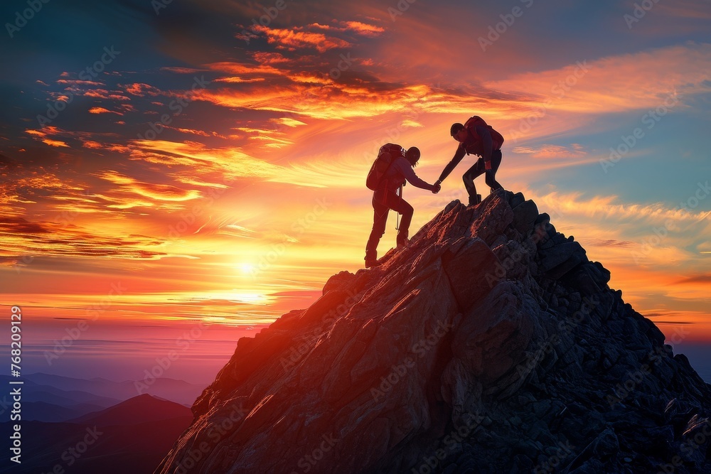 A couple of people standing proudly on the summit of a towering mountain, overlooking the vast landscape, A grip of friendship as a hiker helps another reach the summit, AI Generated