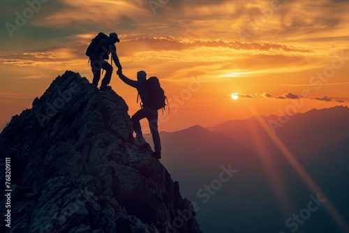 Two individuals scaling a mountain during the sunset, demonstrating strength and determination, A grip of friendship as a hiker helps another reach the summit, AI Generated