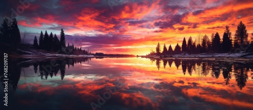 The vibrant colors of a sunset are reflected in the calm waters of a lake, creating a stunning visual spectacle. The sky is awash with hues of orange, pink, and purple, blending seamlessly with the