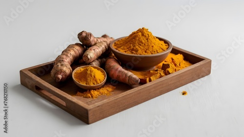 Turmeric and Powder on Wooden Tray on White Background