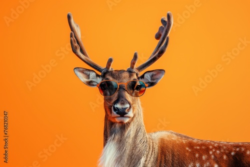 Reindeer with sunglasses isolated on yellow background © Thibaut Design Prod.