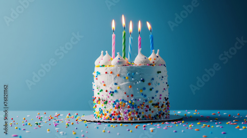 A white frosted cake adorned with lit candles and colorful sprinkles.
