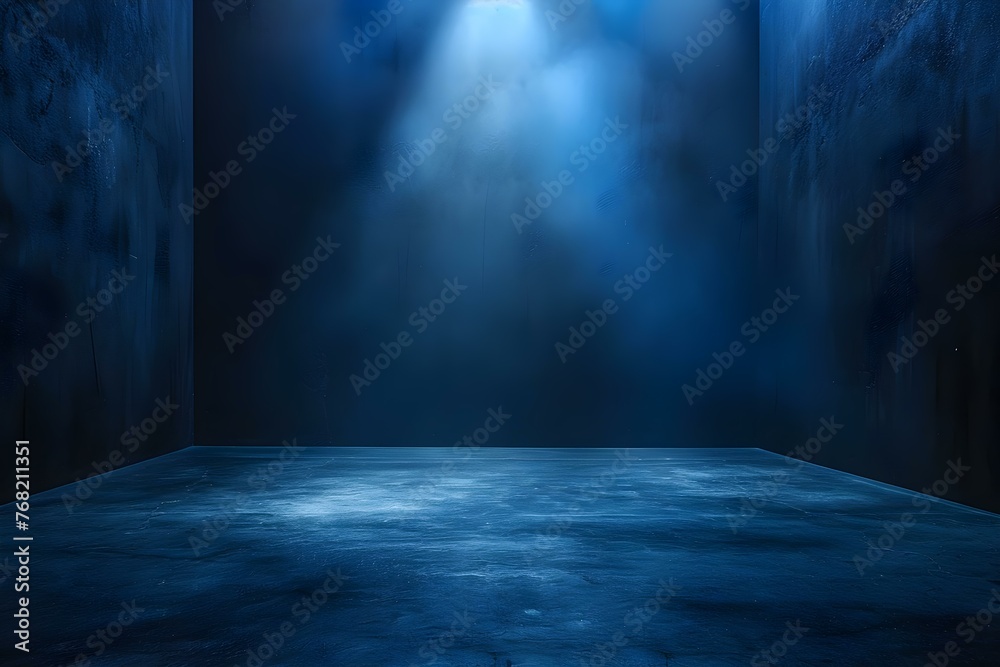 Spotlight illuminating empty dark blue room with concrete floor, perfect for dramatic or mysterious designs. Concept Dramatic Lighting, Urban Aesthetic, Minimalist Design, Mysterious Atmosphere Spotlight illuminating empty dark blue room with concrete floor, perfect for dramatic or mysterious designs. Concept Dramatic Lighting, Urban Aesthetic, Minimalist Design, Mysterious Atmosphere