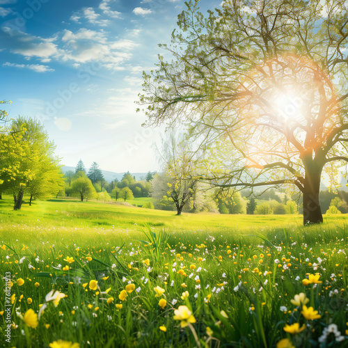 Sunny spring day in a lush meadow filled with blooming wildflowers, towering trees, and rolling hills in the distance.