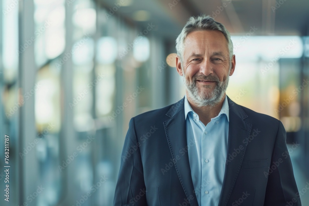 Fototapeta premium An experienced senior male executive exudes confidence and wisdom, standing in a sleek, modern corporate environment with a thoughtful, assured stance