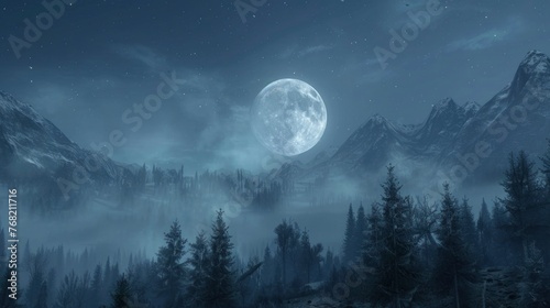 The full moon casts its silvery light over snow-covered mountains, with a blanket of fog and a glittering starry sky completing this enchanting nocturnal tableau