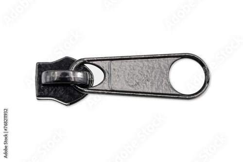 Metal zipper slide isolated on white. Cutout object. Clothing element. Black paint color slider. photo