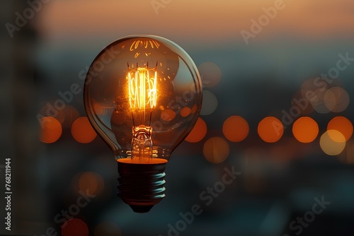 A light bulb with a blurry background of lights in the background is a cityscape with lights a 3D