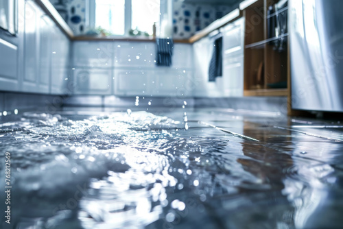 A water leak in a residential kitchen, with water spilling onto the floor.