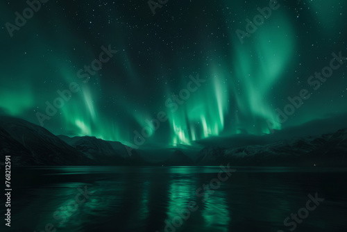 Aurora borealis over mountain peak reflected in sea lake waters at night. Beautiful winter landscape with aurora lights