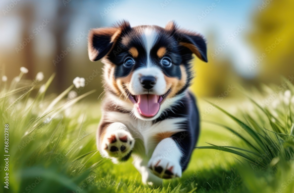 A photo of a cute puppy playing in the grass A photo of a cute puppy playing in the grass