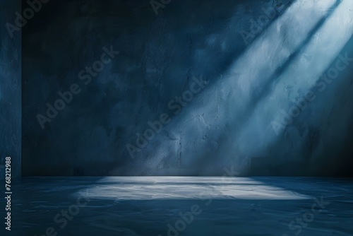 Dramatic and Mysterious: Spotlight on Concrete Floor in Empty Dark Blue Room. Concept Dark Room, Concrete Floor, Spotlight, Dramatic Lighting, Mysterious Atmosphere