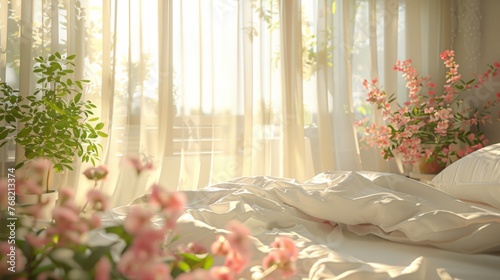 Morning light floods a cozy bedroom