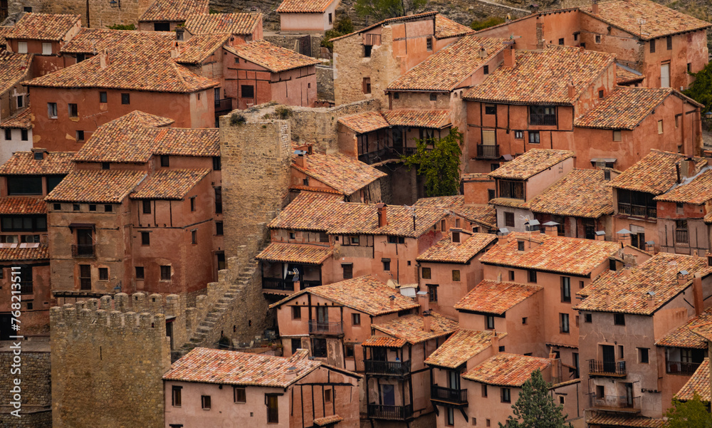 Typical houses on the cliff of Albarracin, Teruel, Aragon, Spain.