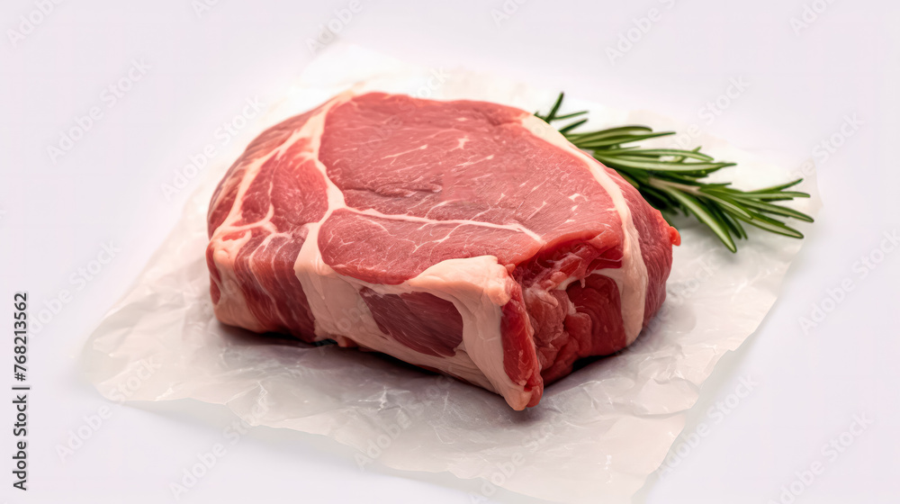 A piece of meat is on a white background with some herbs and spices. A piece of meat is on a white background with some herbs and spices.