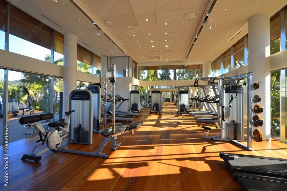 A Large Gym With Abundant Exercise Equipment, A gym with high ceilings, big mirrors and wooden floors, AI Generated A Large Gym With Abundant Exercise Equipment, A gym with high ceilings, big mirrors and wooden floors, AI Generated