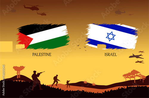 Palestine vs Israel War scene. Editable vector EPS file with aircrafts, helicopters, soldiers, trees, etc. Top two countries rivalry scene.