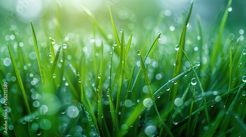 Green grass with sparkling drops of dew, rain