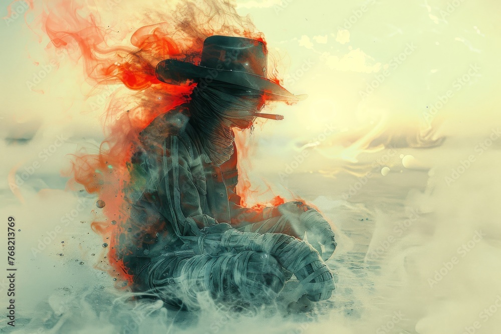 In the quiet of dawn, a mummy-cowboy enjoys a peaceful smoke. Surrounded by a serene, retro-colored