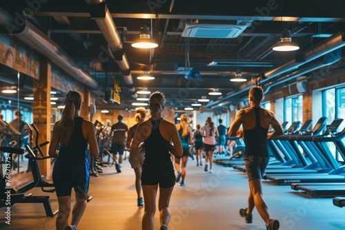 A dynamic group of individuals performing running exercises on treadmills in a well-equipped gym, A group of people working out in a lively, bustling gym, AI Generated