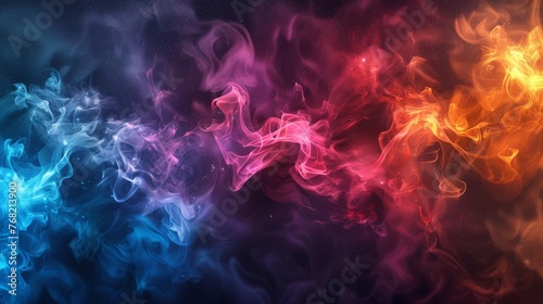 Dynamic 3D smoke patterns in rainbow colors, weaving through the darkness to create a nebula effect photo