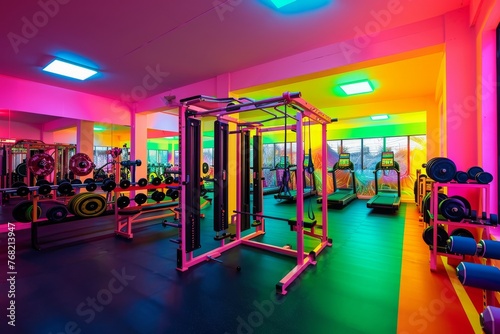 A spacious gym room filled with a variety of exercise equipment, brightly illuminated and ready for workouts, A gym decked out in bright neon colors, AI Generated
