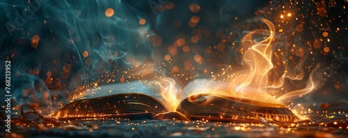 Book opening with magical light and symbols floating out, the gift of knowledge and ideas
