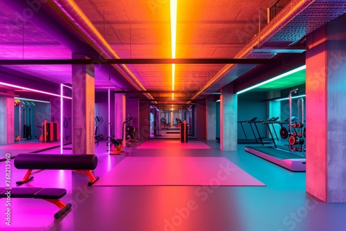 The photo captures a well-equipped gym featuring a bench and various exercise equipment for a complete workout  A gym decked out in bright neon colors  AI Generated