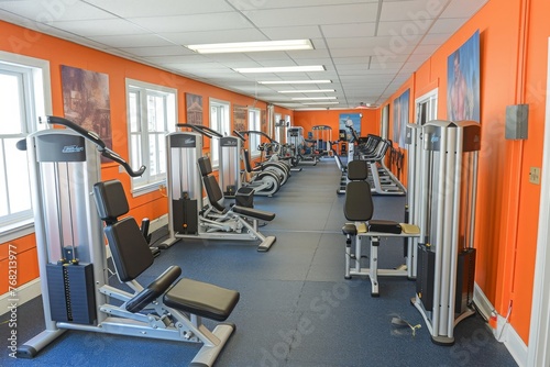 A gym with multiple rows of exercise machines and large windows providing natural light, A gym designed specifically for seniors, AI Generated photo
