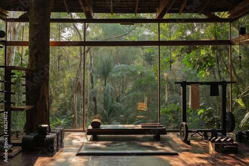 A yoga studio overlooking a lush jungle, where people practice yoga poses surrounded by greenery and nature, A gym situated in a tranquil forest, AI Generated