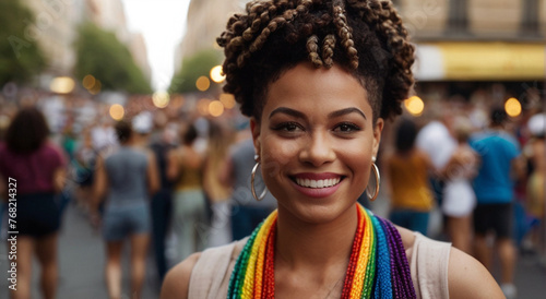 Portrait of beautiful young woman on the street during pride parade with rainbow LGBT flag in the background photo