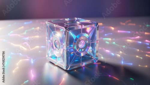 Cubo de cristal refractando luz de neón sobre superficie lisa. photo
