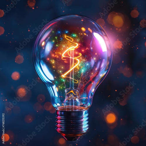 Glowing colourful light bulb on dark background. Energy concept. New idea, brainstorming concept