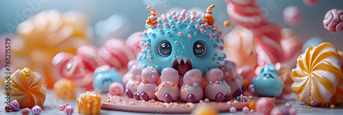 A whimsical monster resembling a dessert stands,
A cupcake with pink frosting and candy