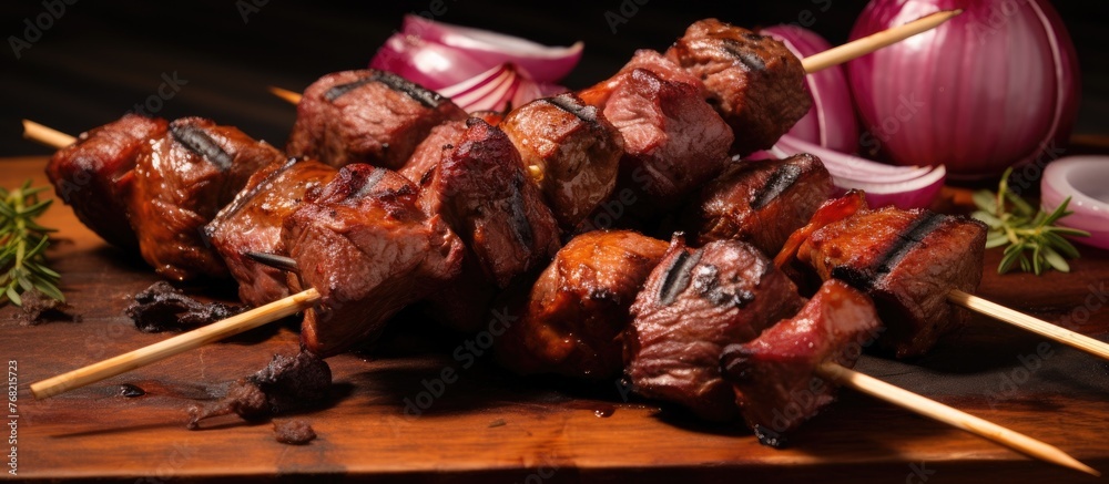 A wooden cutting board is showcased with grilled skewers of seasoned meat and onions arranged on top. The meat appears juicy and flavorful, while the onions are caramelized and fragrant.