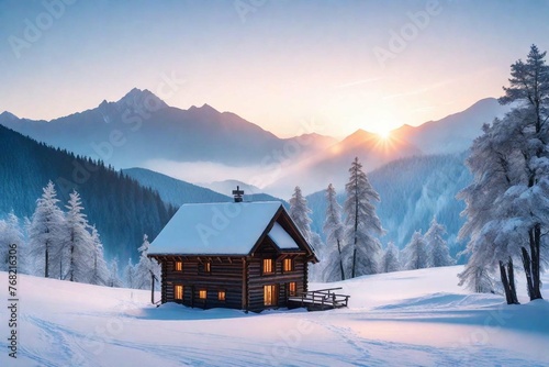 house in the mountains at sunset