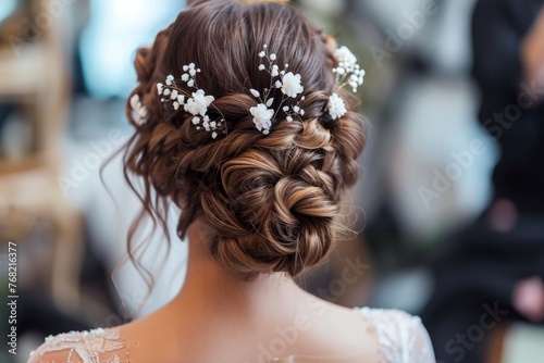 A woman wearing a flower in her hair, showcasing the beauty of nature and personal adornment, A hairdresser focusing on creating an elaborate wedding hairstyle, AI Generated